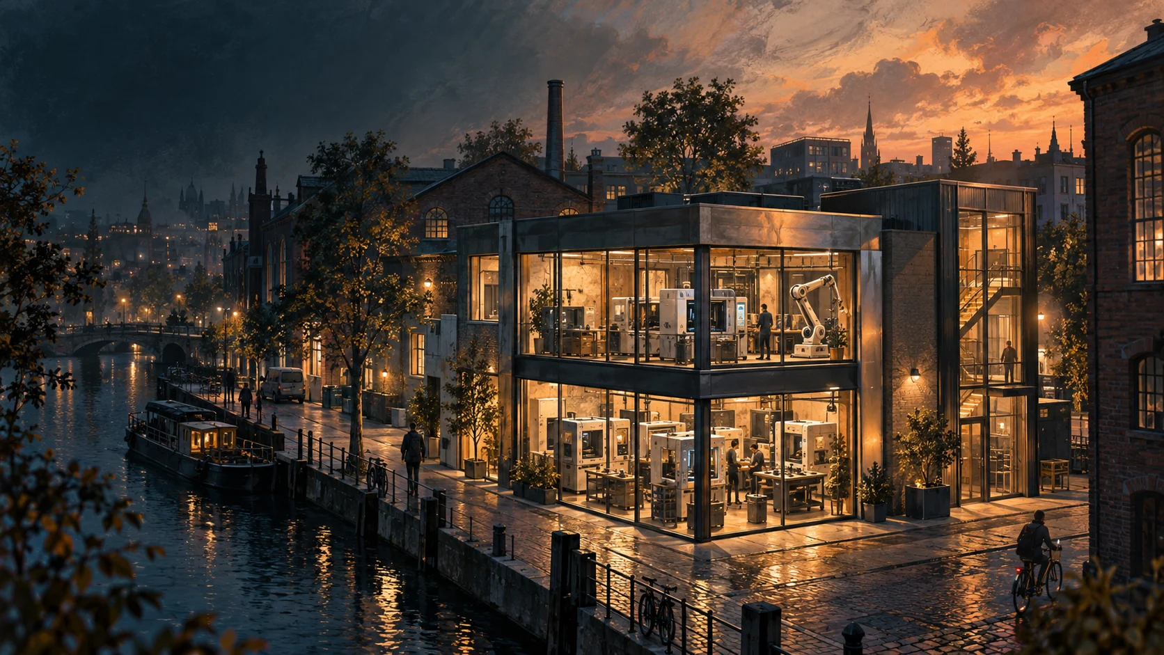 Original concept painting of an illuminated urban microfactory beside a canal at dusk, with manufacturing cells visible through its windows.