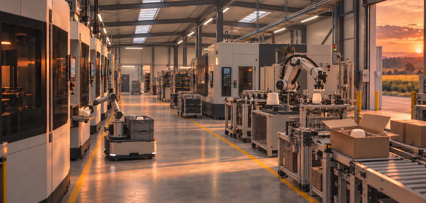 Robotic equipment and production lines inside a factory.