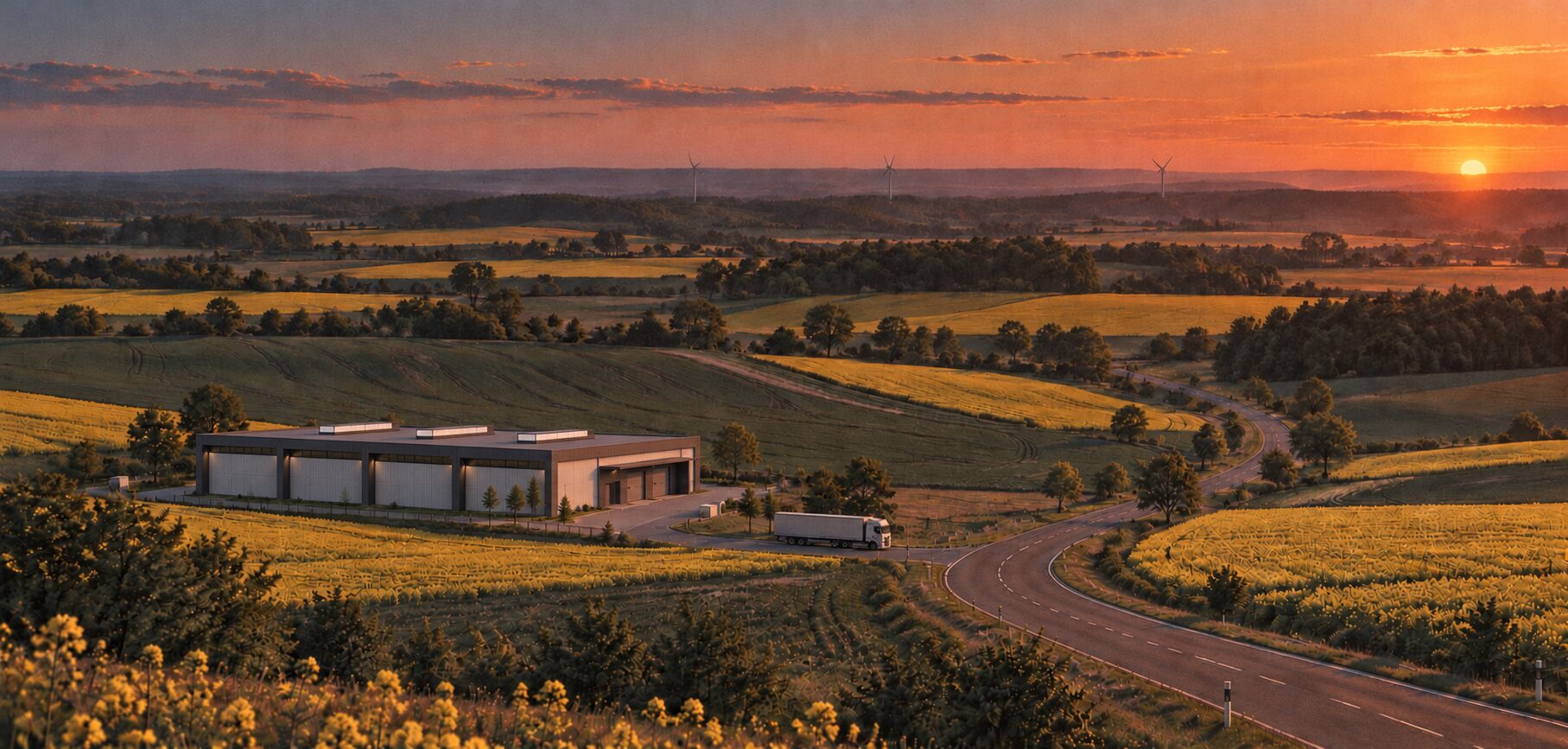 A factory surrounded by open fields at sunset.