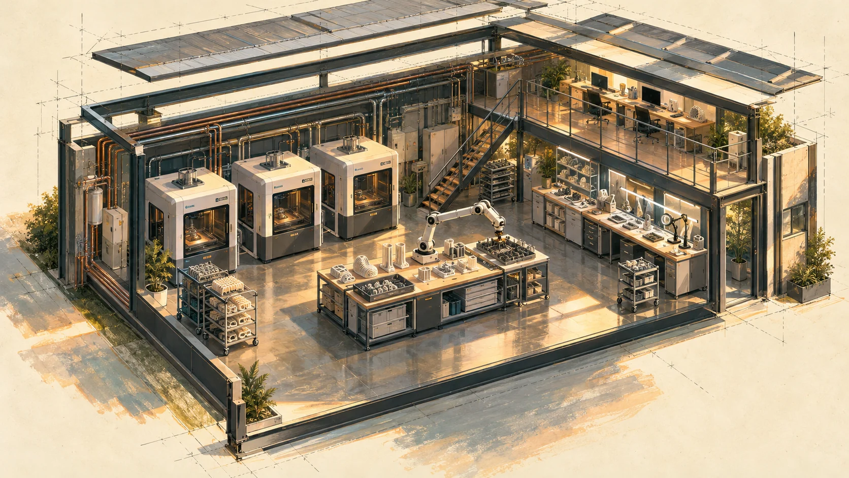 Painterly architectural cutaway imagining a shared microfactory floor with additive manufacturing, robotic handling, inspection workbenches and design desks.